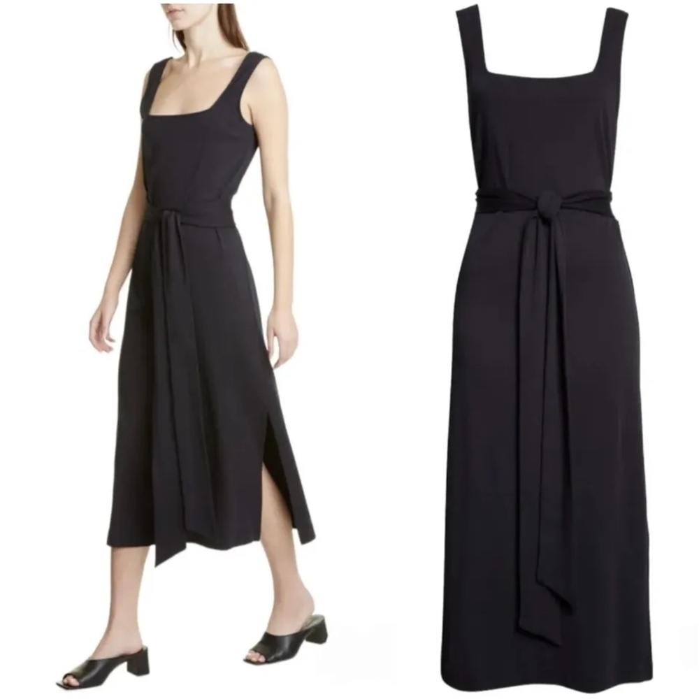 NEW Vince 100% Pima Cotton Belted Square Neck Tank Midi Dress in Black Sz. XS